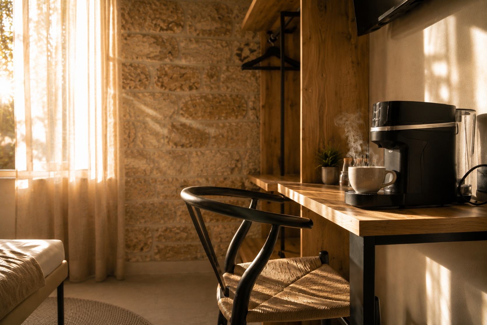 Cafetera y taza humeante en el escritorio de una habitación del hotel El Paraíso del Pas