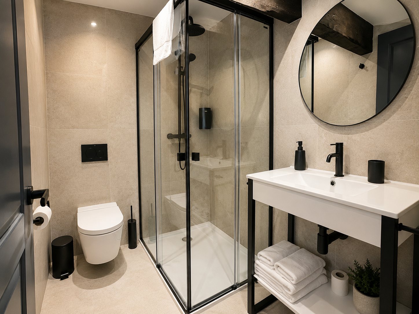 Baño con ducha cerrada, Hotel Paraíso del Pas
